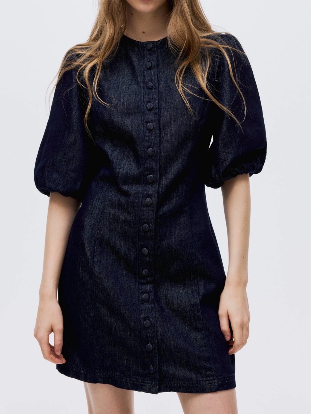 H&M - Dark Denim Blue Button Down Short Puff Sleeve Light Mini Dress Size XS
